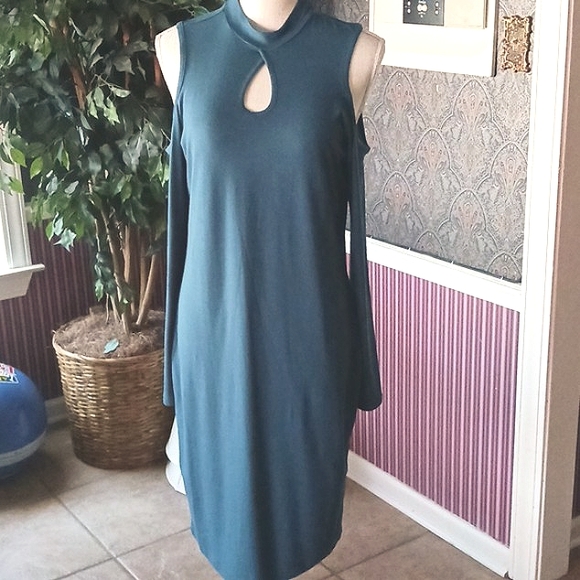 NWT Choker Keyhole Bodycon Long Sleeve Dress Peacock Green Plus Size 1X - Picture 2 of 8